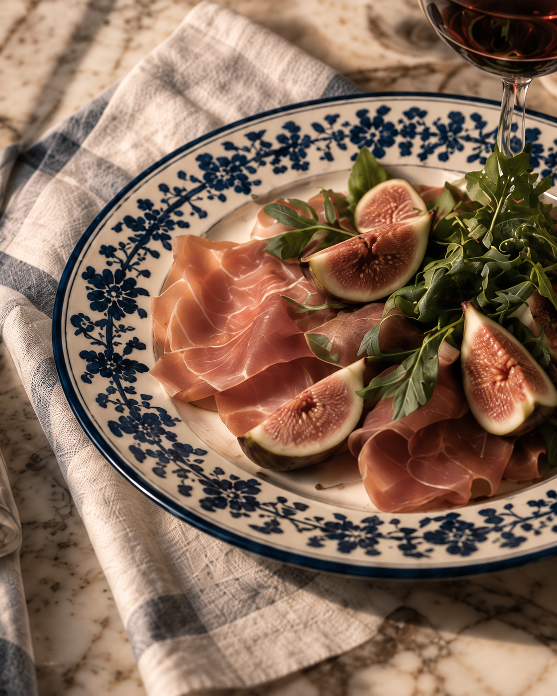 Prosciutto with figs and rocket on a blue-rimmed plate