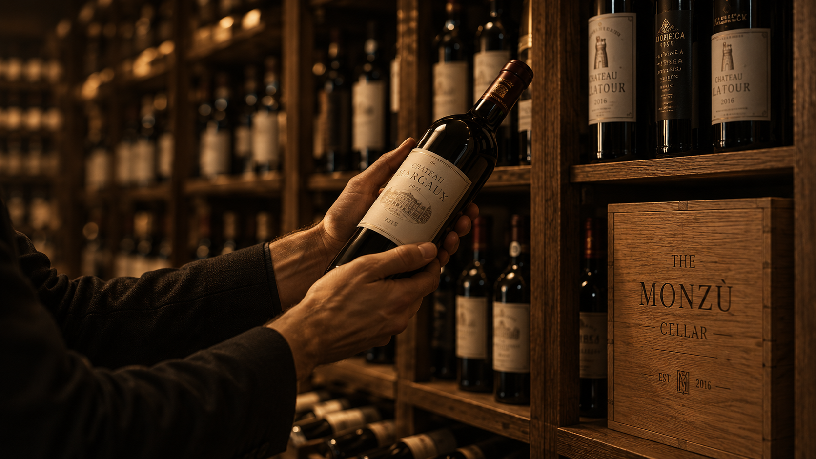 A guest selecting a bottle from the Monzù Cellar shelves