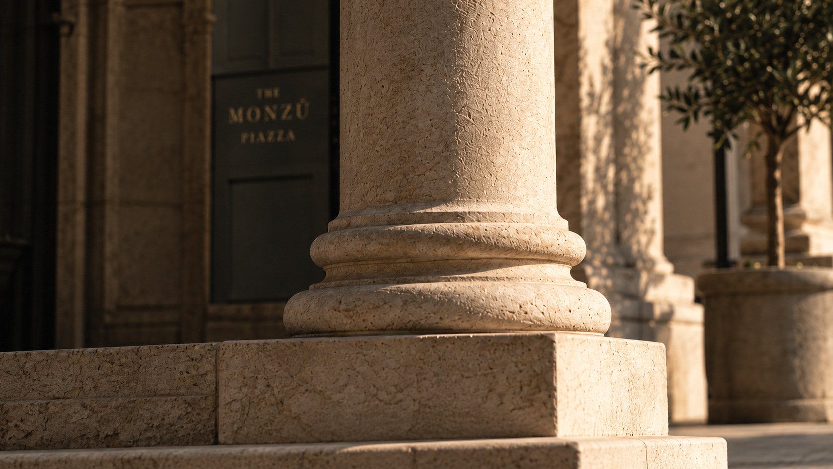 Neoclassical stone column at the entrance of The Monzù Piazza