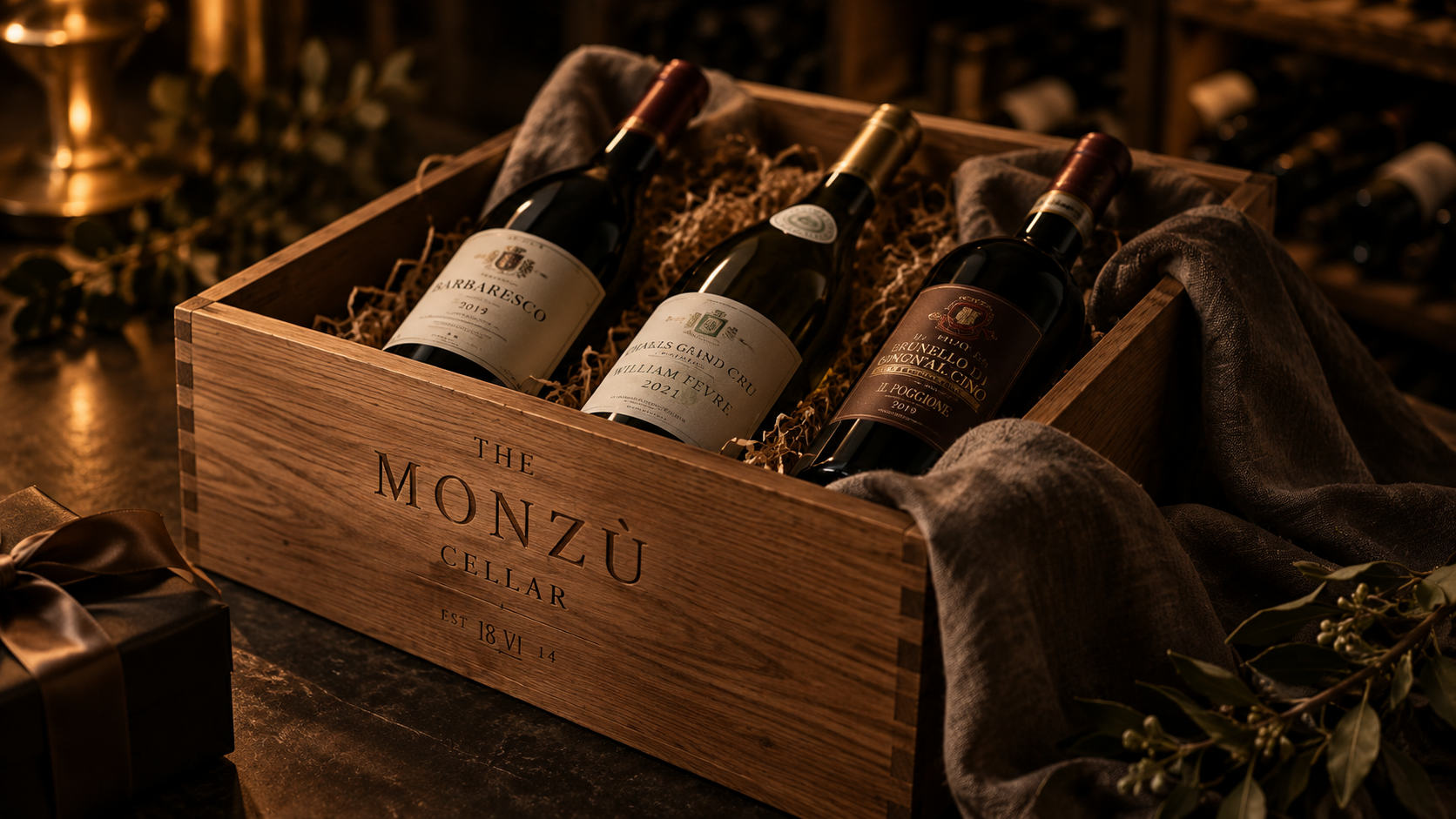 Monzù Cellar wooden gift case with selected bottles