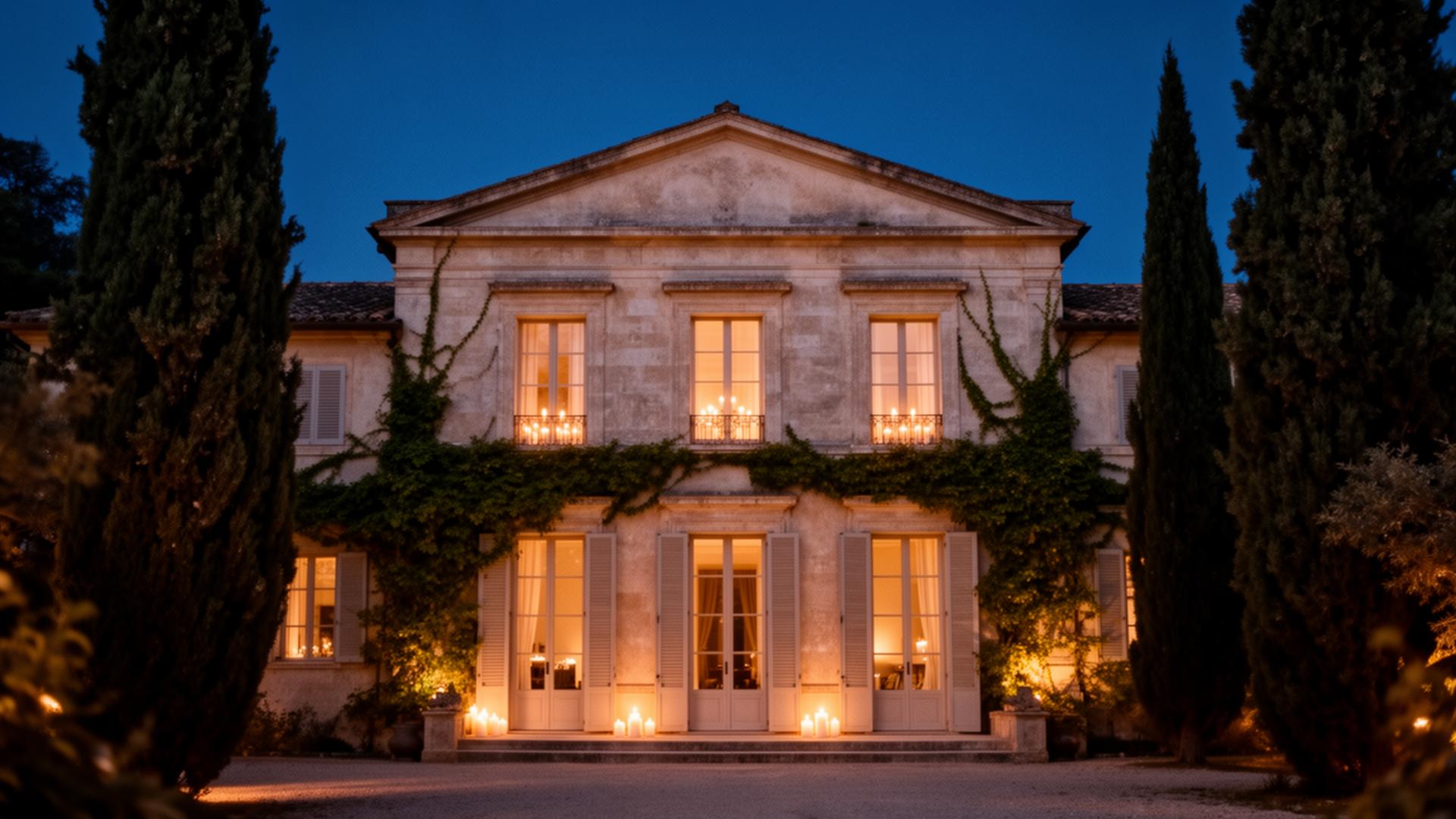 The garden and veranda of The Monzù House at dusk