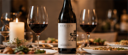 A bottle of Barolo served at a candlelit dinner table