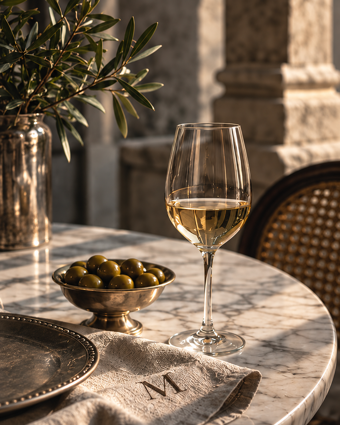 A glass of white wine, olives and linen on a marble table at Monzù Piazza