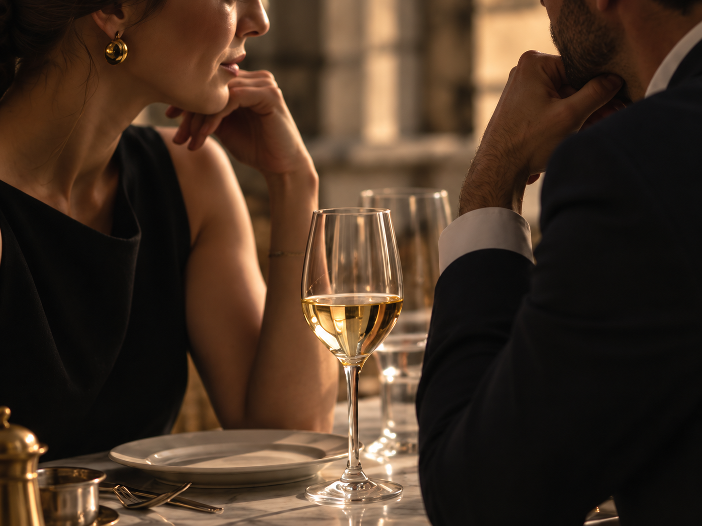 Two guests in conversation over a glass of wine at Monzù Piazza