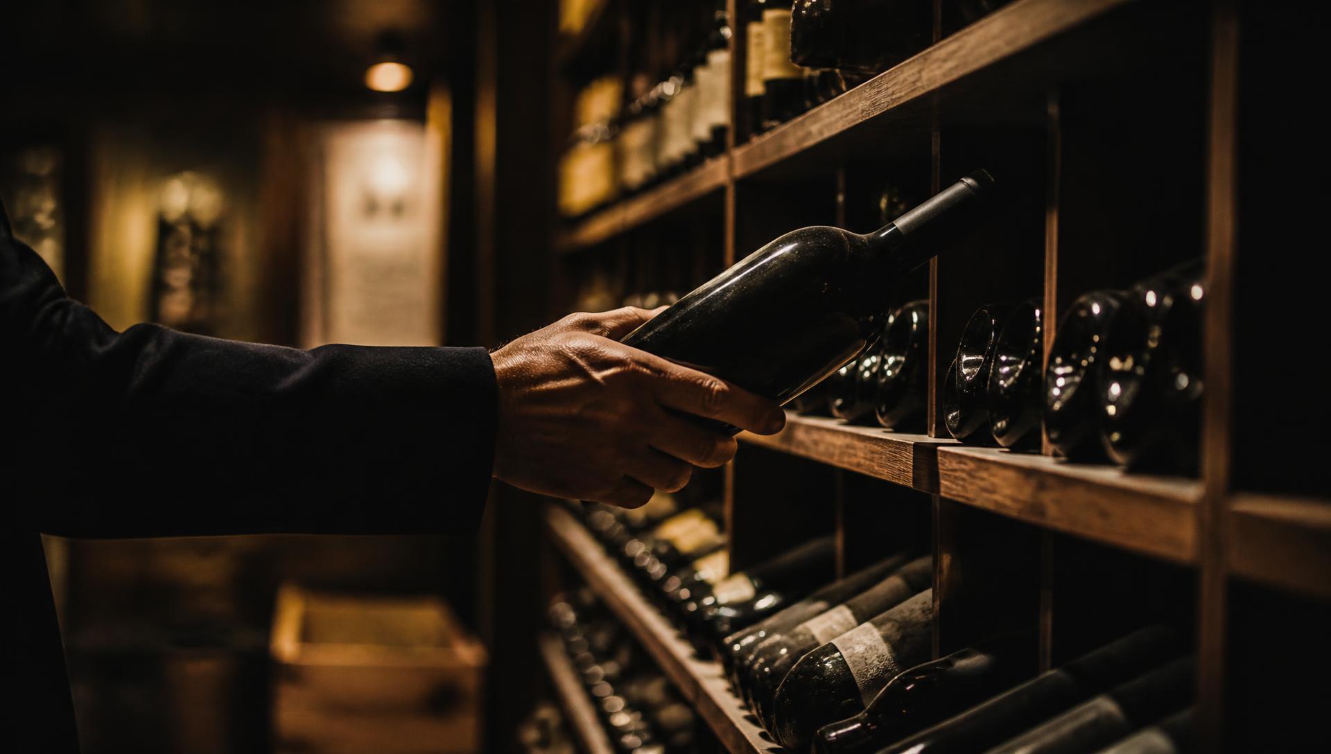 A hand selecting a bottle from the Monzù Cellar shelves