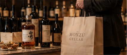 Monzù Cellar wines and spirits beside a branded shopping bag